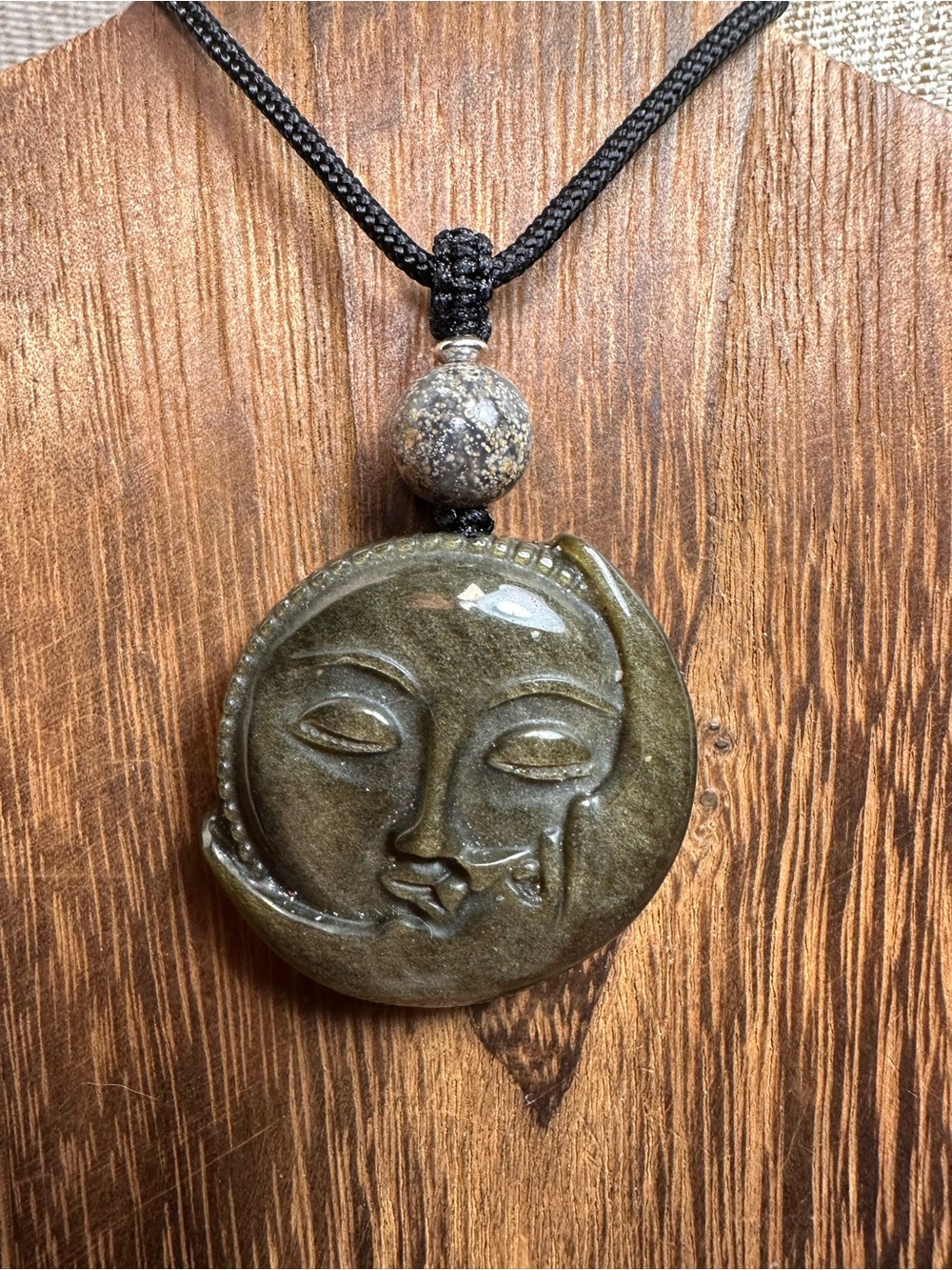 Golden Obsidian Sun Moon Face Pendant on Adjustable Black Rope